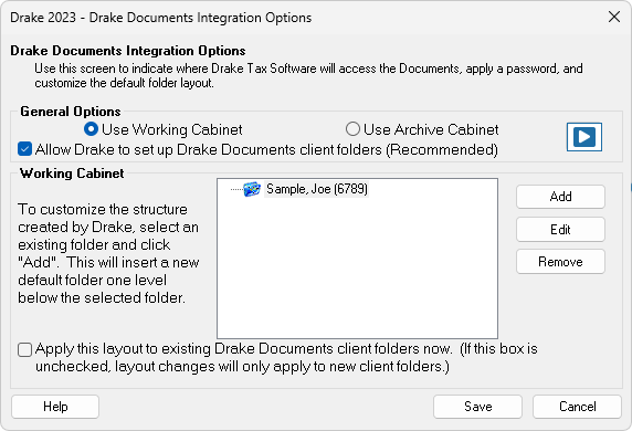 Drake Documents Integration Options screen 